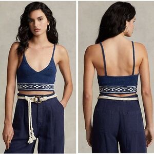 Polo Ralph Lauren|Geo-Motif Cotton-Linen Navy Bralette, MEDIUM